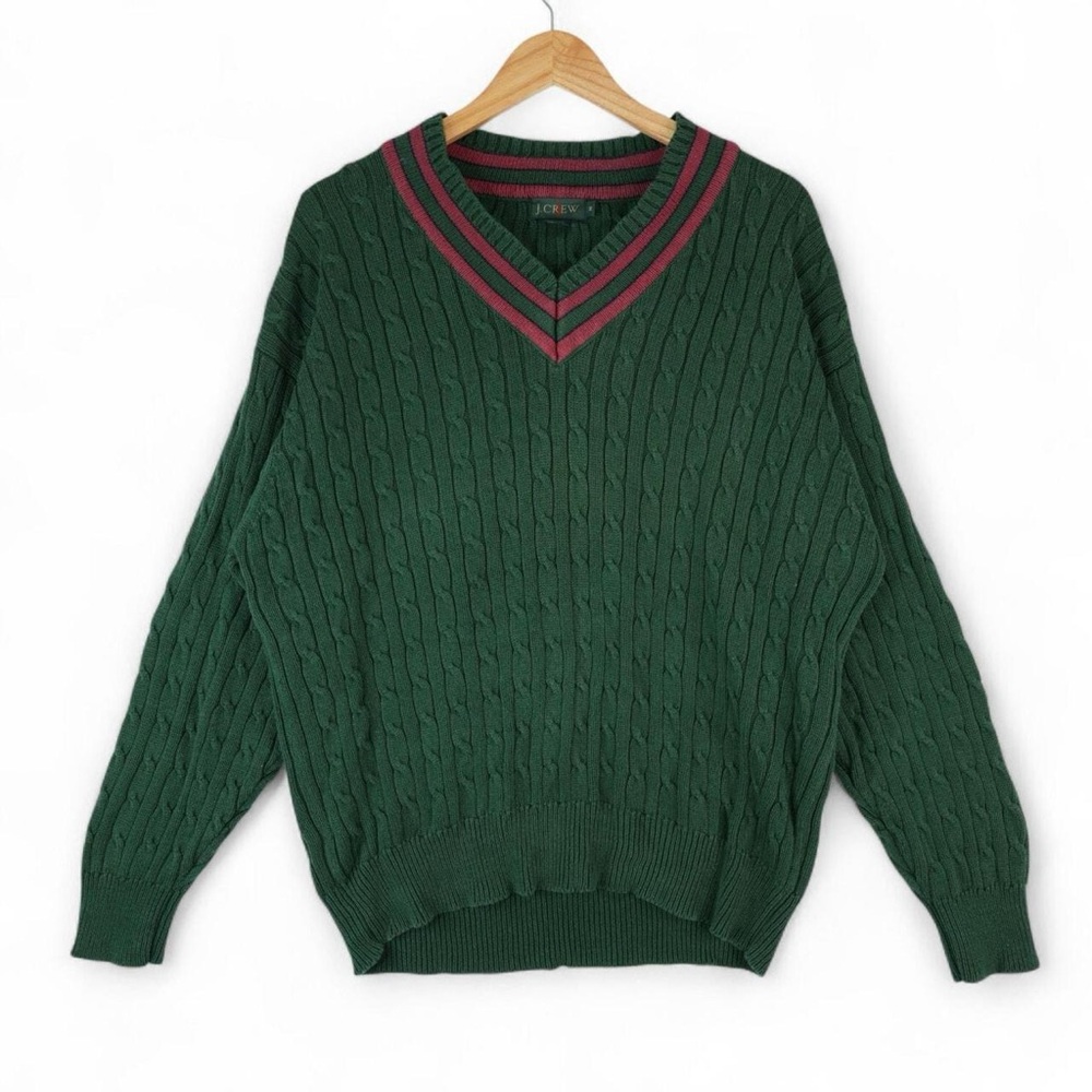 Vtg J. Crew Oarsman Cable Knit V Neck Sweater